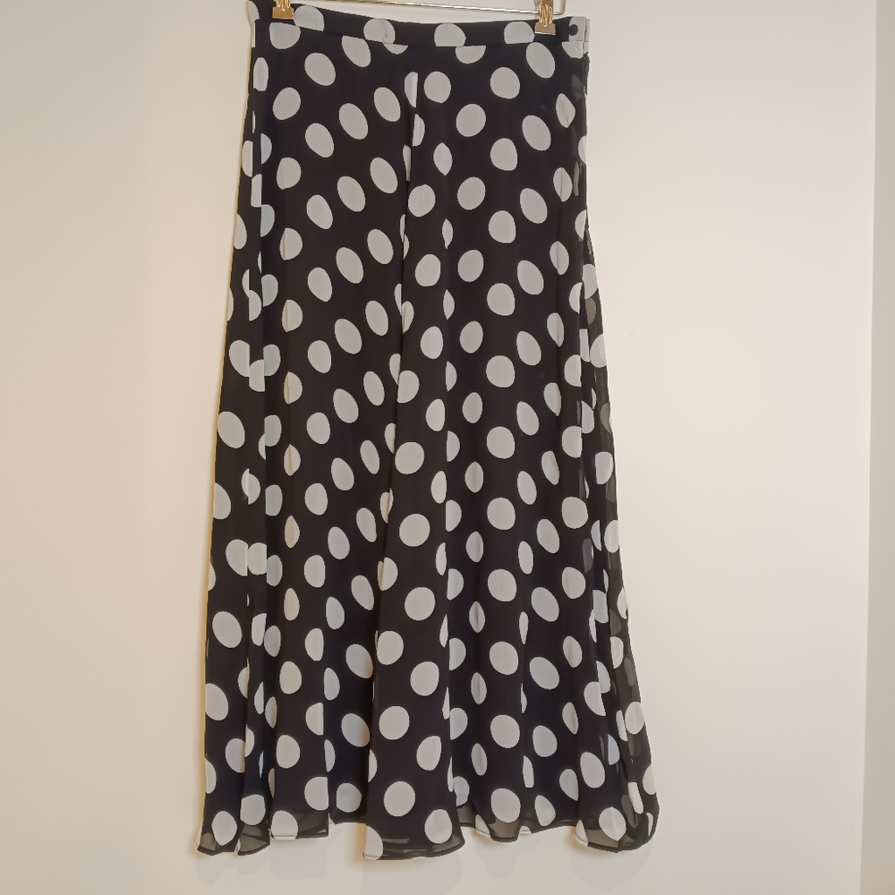 Jaeger Vintage Long Flair Skirt Black & White Polka Dots Size 12